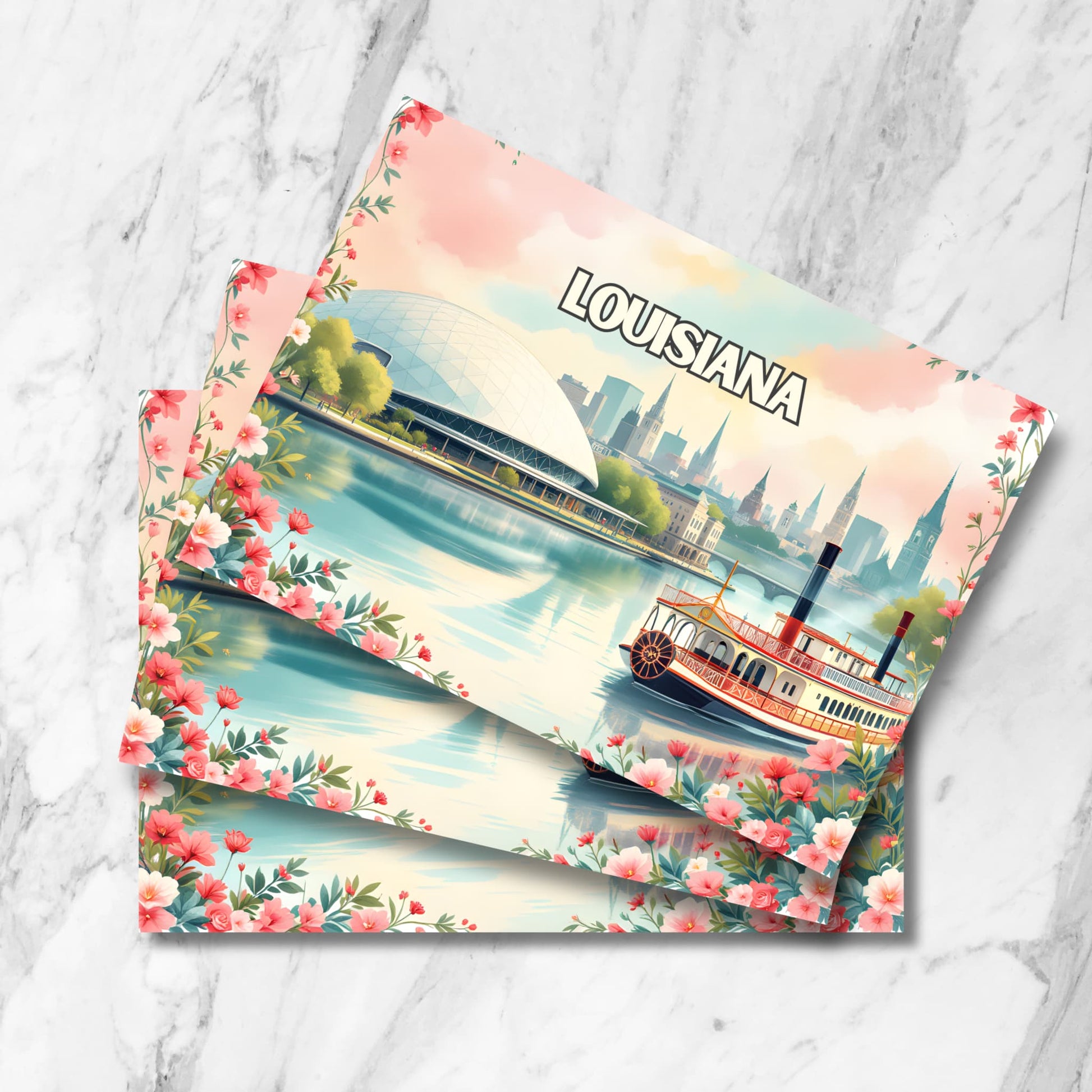 Louisiana postcards featuring steamboat, Superdome and New Orleans skyline with floral border. Multiple prints stacked on marble background.