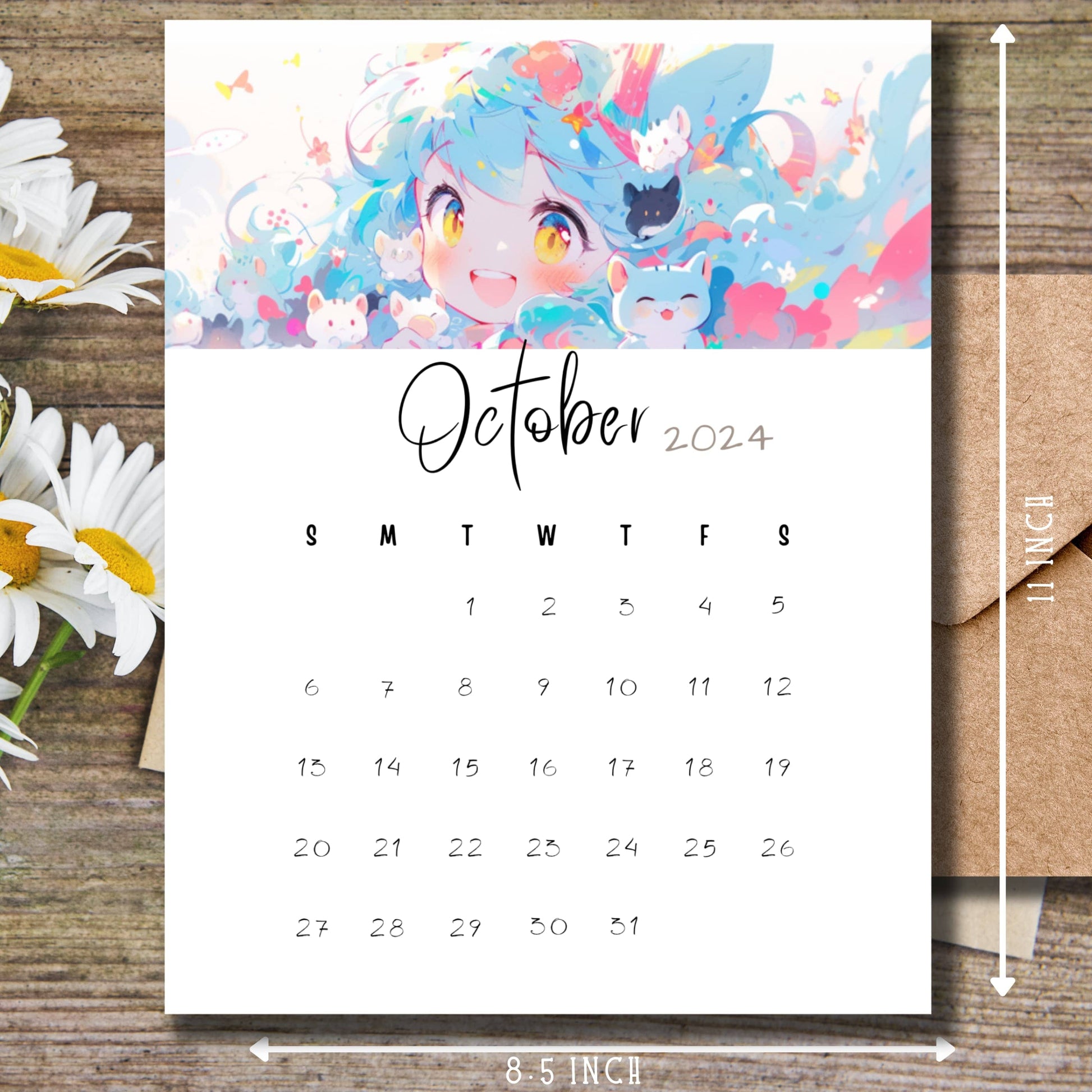 October 2024 calendar page with kawaii blue-haired girl and animal illustrations, 8.5 x 11 inch size, displayed on wooden surface with daisy flowers, ideal for students and teachers.