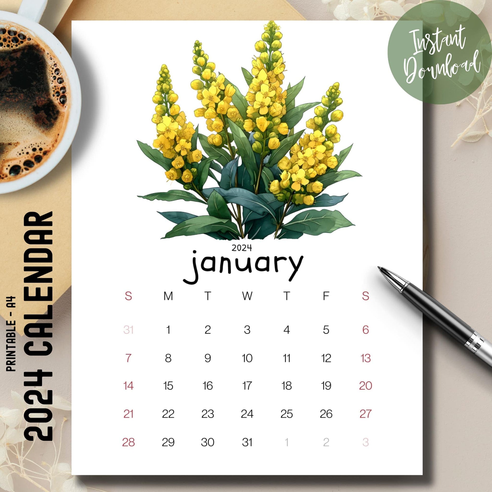  Mahonia Magic January 2024-25 full year calendar on a brown desk with a coffee cup on the left and a pen on the right.