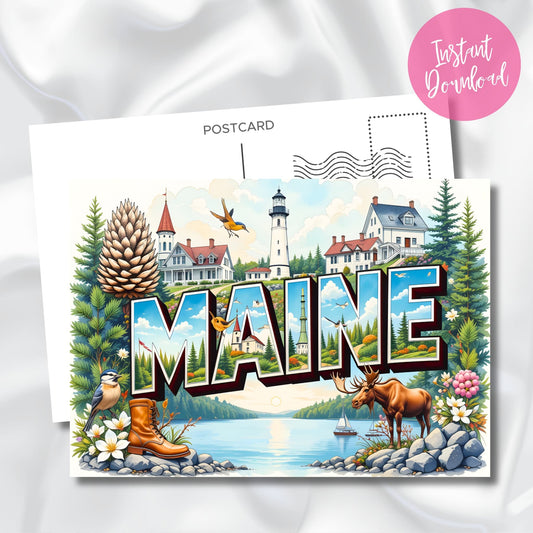 Maine digital postcard with letter design filled with lighthouse scenes. Shows postcard template with chickadee, moose and instant download badge.