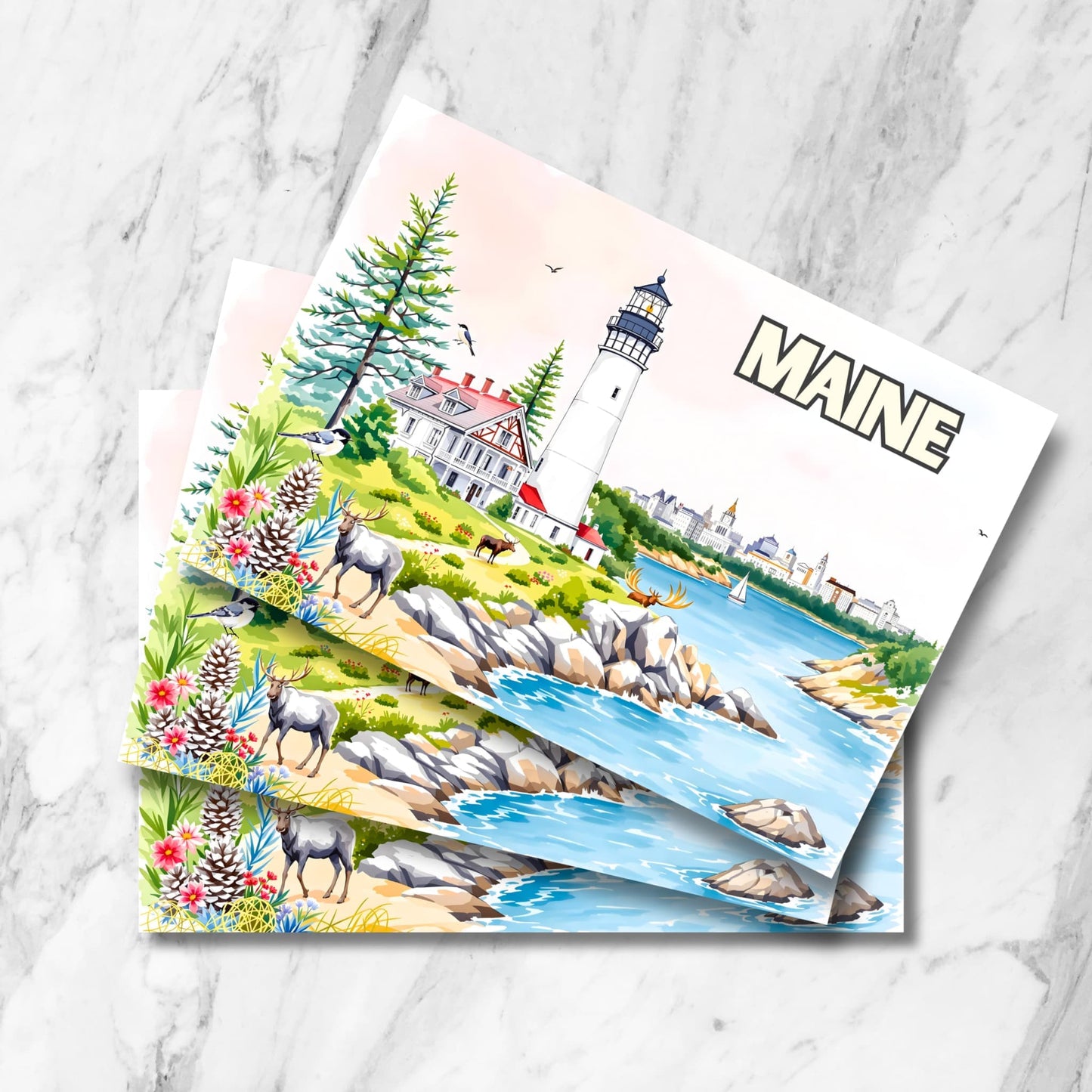 Maine coastal scene with lighthouse, moose and pine trees. Multiple postcards stacked on marble background showing rocky shoreline and wildlife.