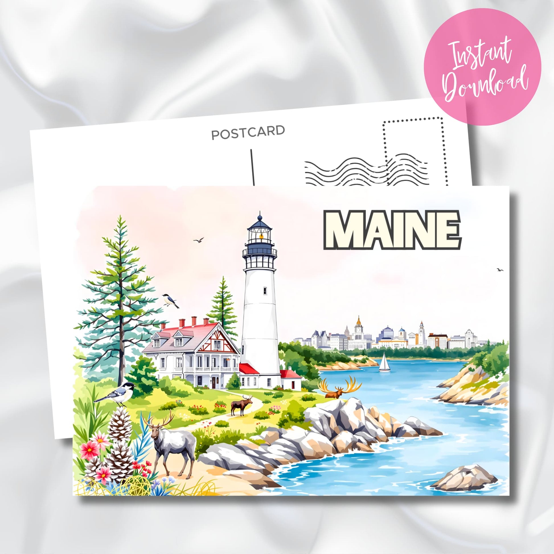 Maine lighthouse digital printable with pine trees and wildlife. Shows postcard template with coastal scene and instant download badge on satin background.