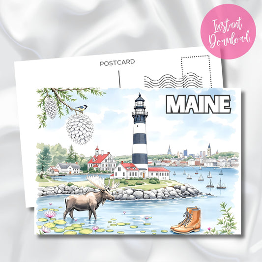 Maine lighthouse digital print with moose and pine cone details. Postcard template with striped lighthouse, sailboats and instant download badge.