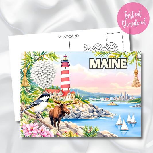 Maine red-striped lighthouse printable with chickadee and moose. Postcard template with pine cone details and instant download badge.