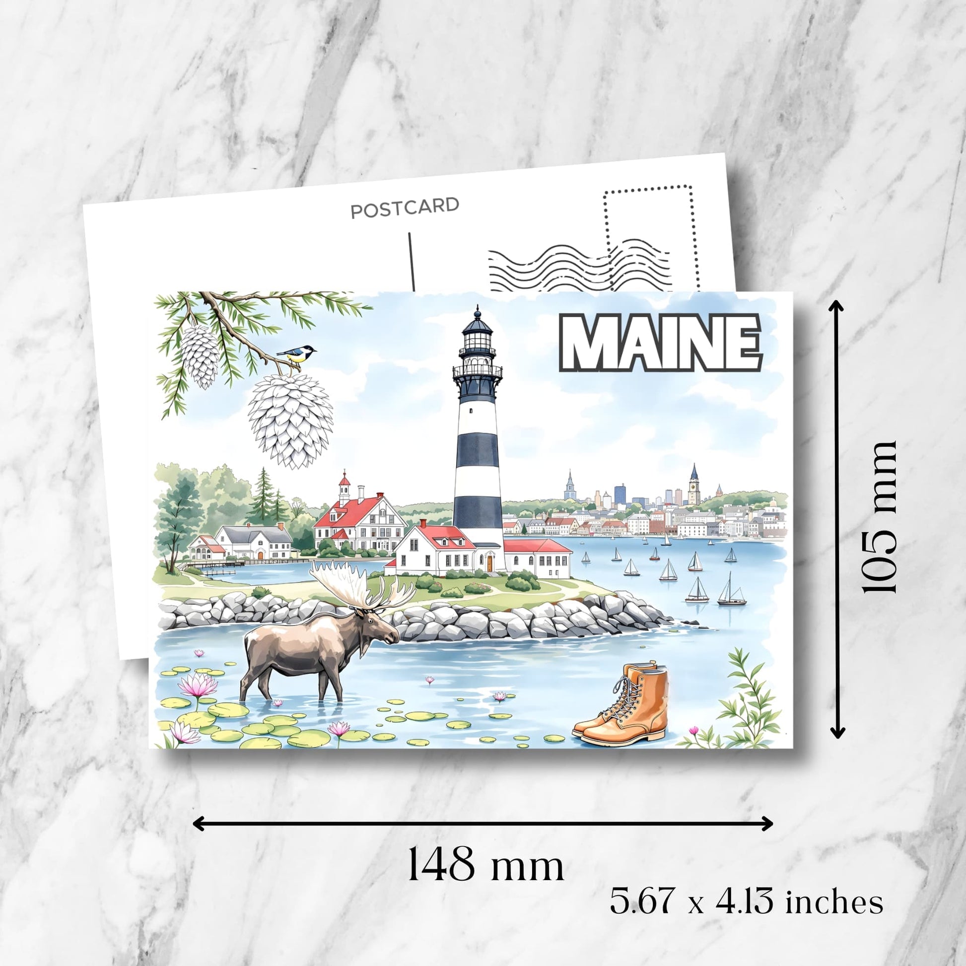 Maine lighthouse postcard showing dimensions of 148x105mm. Features striped lighthouse, wading moose, water lilies and New England coastal scene.