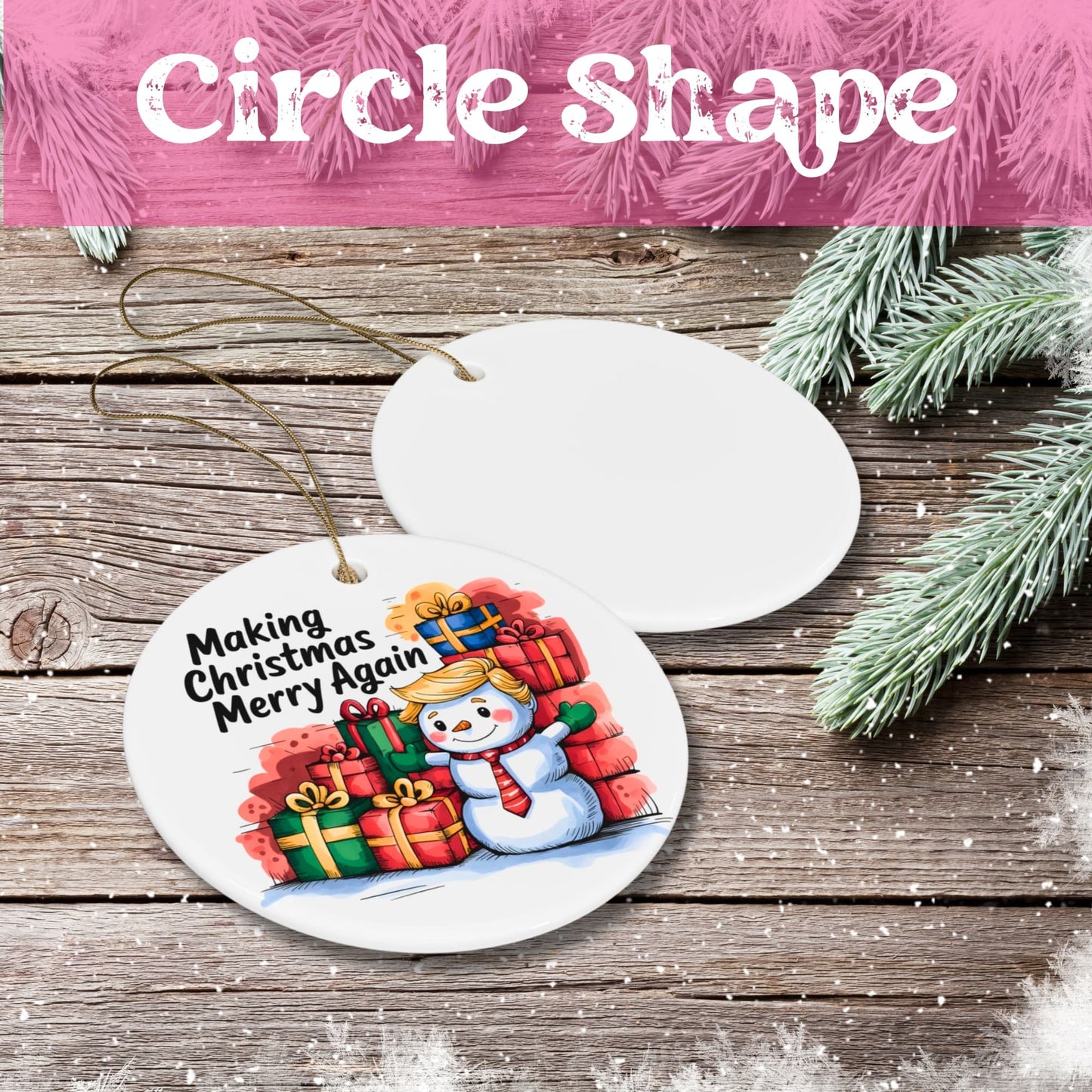 White ceramic circle ornament featuring festive snowman with characteristic hairstyle surrounded by colorful Christmas presents, displayed on rustic wood background with pine accents.