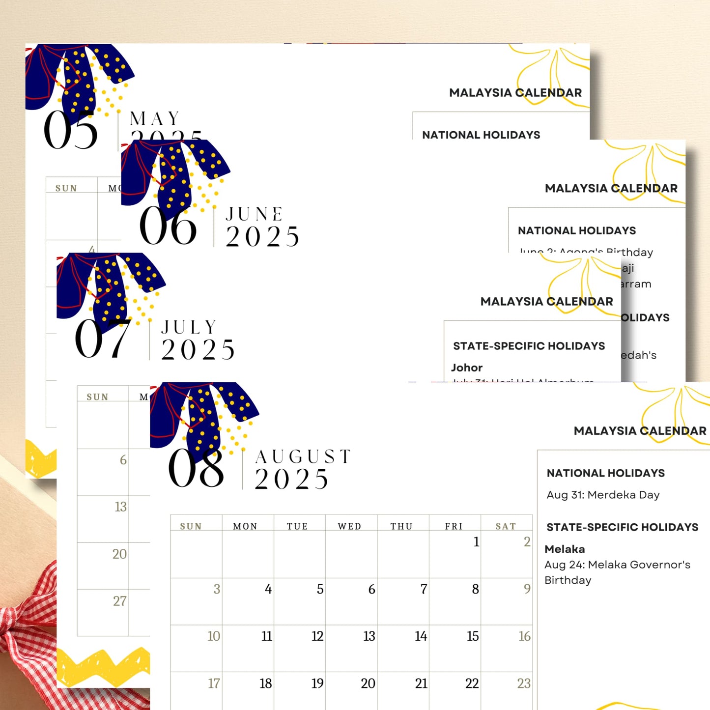 May through August Malaysian calendar with state-specific holidays, decorated with modern navy floral motif and abstract elements