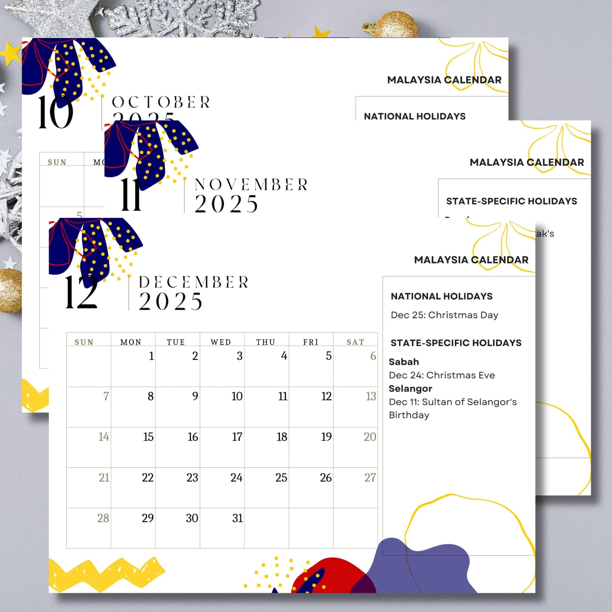 October through December 2025 Malaysian calendar with seasonal holidays, including Christmas and state-specific observances