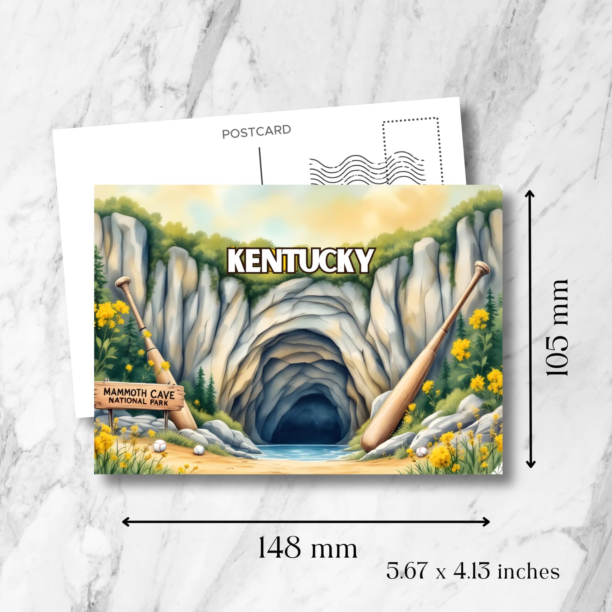 Kentucky souvenir postcard measuring 148x105mm showing Mammoth Cave entrance with park sign, natural limestone cliffs, and baseball bats, with vintage postmark design