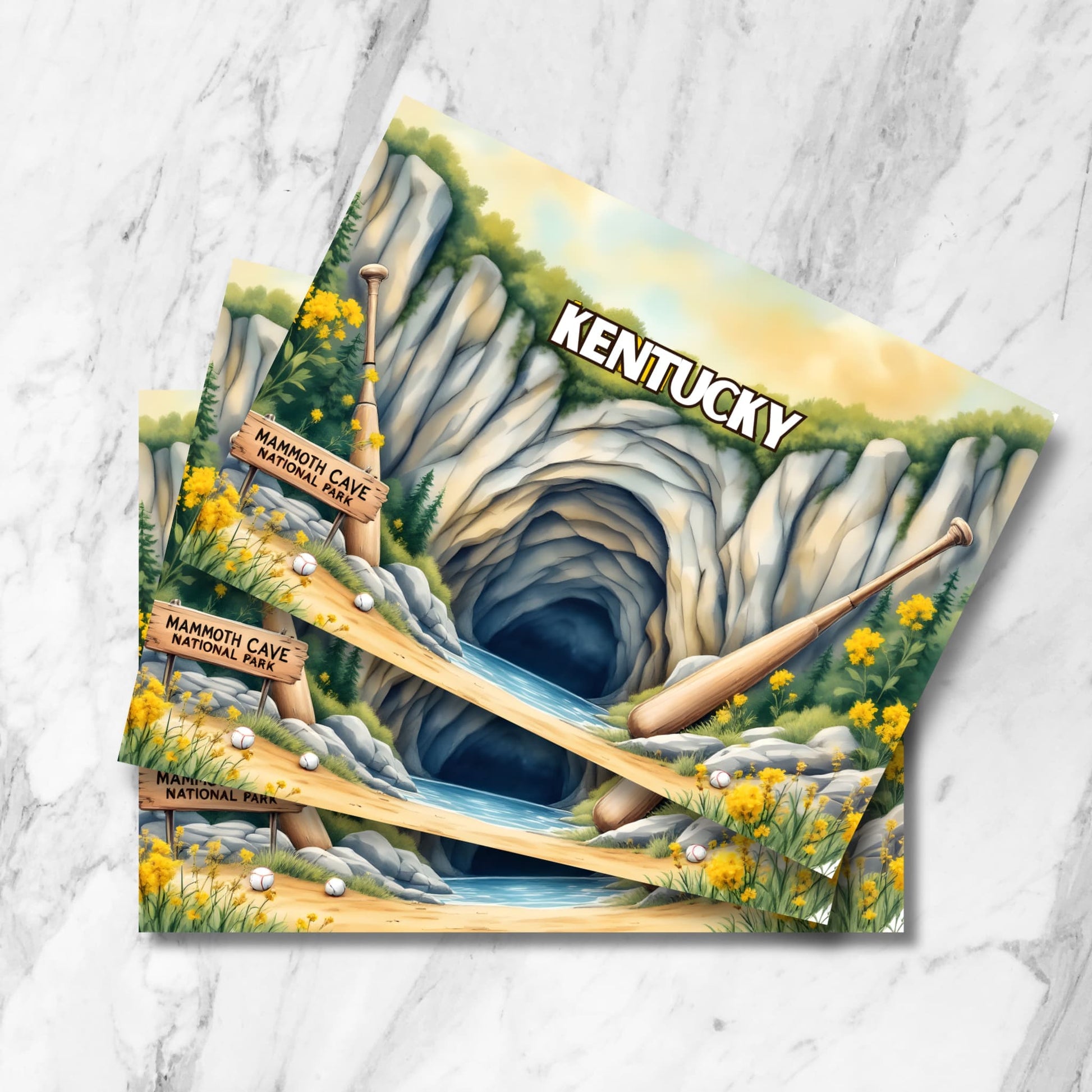 Stack of Kentucky postcards featuring Mammoth Cave National Park entrance, wooden trail signs, limestone formations, stream, and goldenrod flowers on marble background