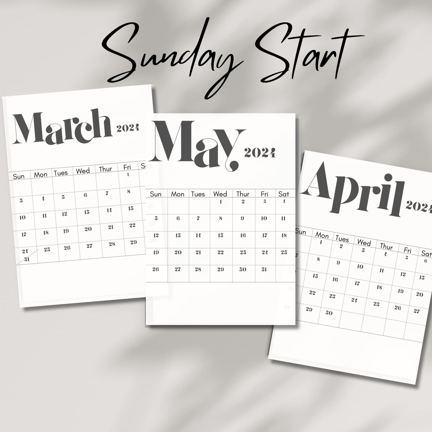 2024 march - may printable calendar with sunday start on a grey background