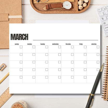 March calendar template on white office desk with cork organizer tray and gold pen for spring planning
