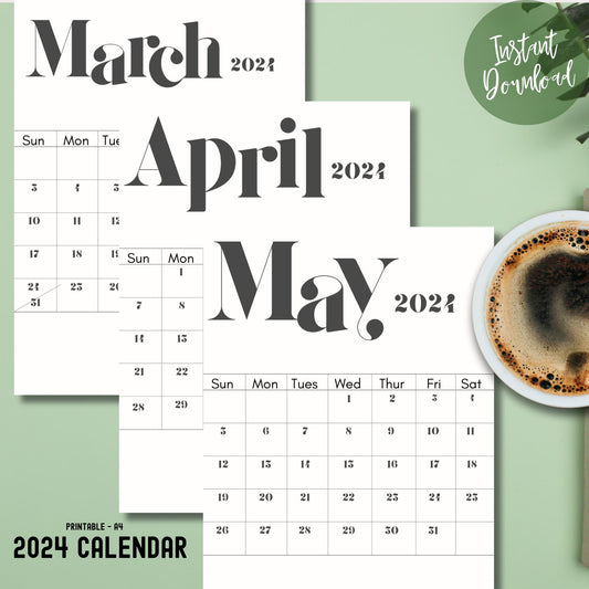 Calendario mensual imprimible de marzo, abril y mayo de 2024