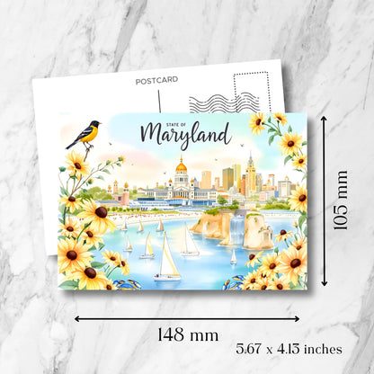 Maryland Chesapeake Bay postcard showing dimensions of 148x105mm. Features Baltimore skyline, oriole bird and black-eyed Susan flower border.