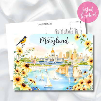 Maryland Baltimore skyline digital print with state bird and black-eyed Susans. Postcard template with harbor scene and instant download badge.