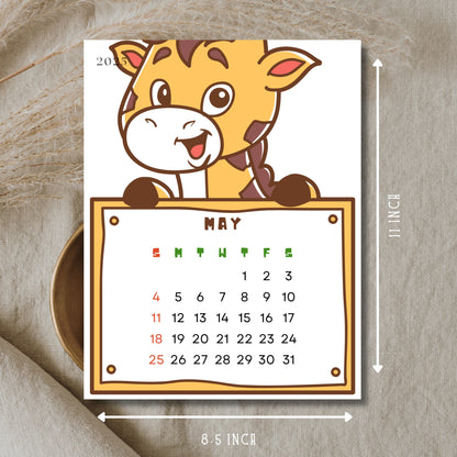 May 2025 calendar with cartoon giraffe holding monthly grid. Features Sunday start layout with dates 1-31, shows 8.5x11 inch dimensions, displayed on natural linen background.