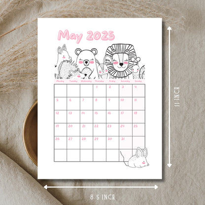 May 2025 calendar featuring line art bear, lion and deer illustrations. 8.5x11 inch dimensions with Monday-start grid and pink numbering on natural linen background.