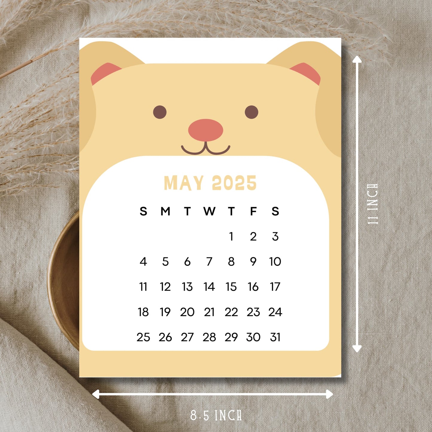 May 2025 teddy bear calendar showing 8.5x11 inch dimensions. Cream-colored bear design with complete month grid displayed on natural linen background.