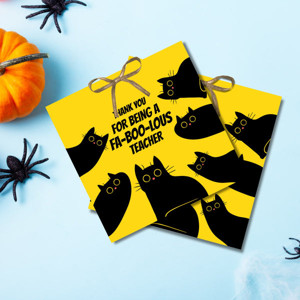 Etiquetas de Profesor Miau-lloween sobre fondo azul