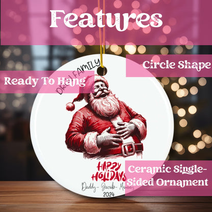 Product features showcase highlighting circle shape, ready-to-hang design and single-sided ceramic construction of laughing Santa ornament