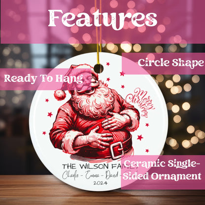 Product features showcase highlighting circle shape, ready-to-hang design, and ceramic material of laughing Santa family ornament with bokeh effect.