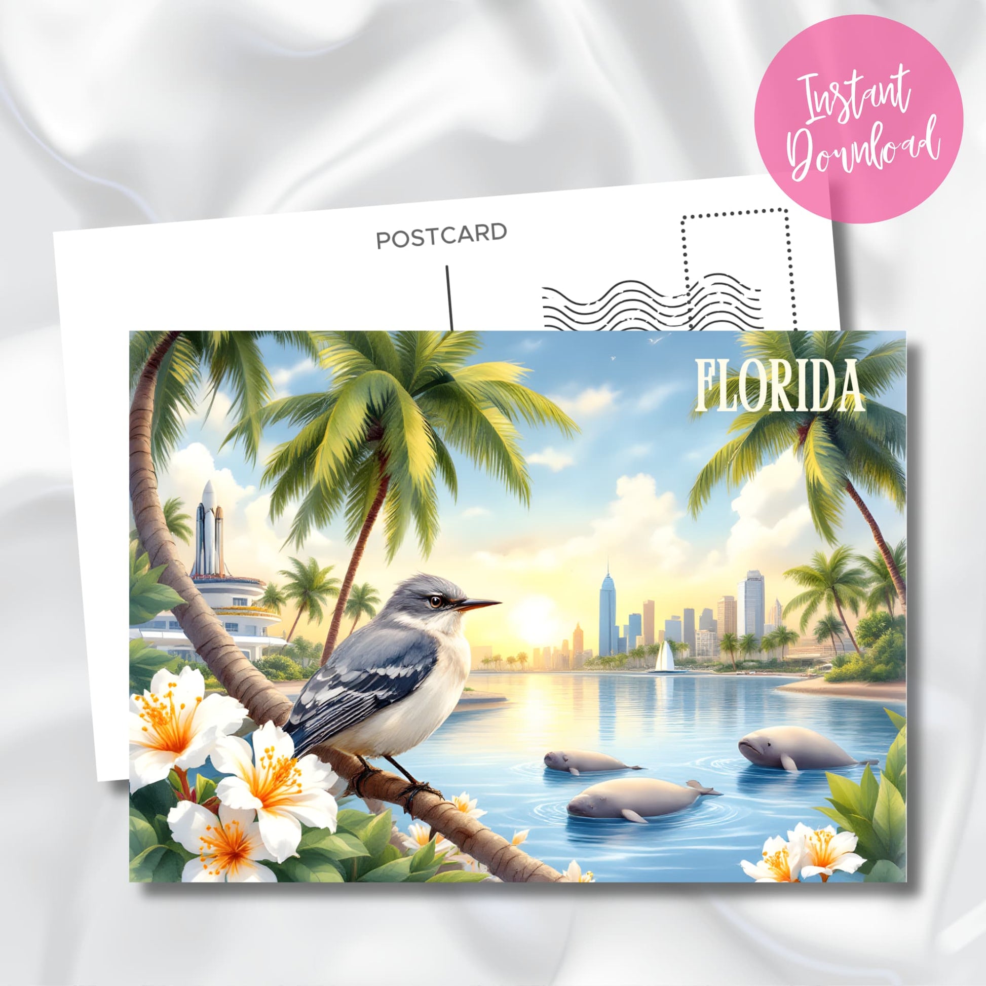 Digital download preview of Miami sunset scene featuring Art Deco architecture, graceful manatees, native mockingbird, and vibrant orange blossoms framed by swaying palm trees