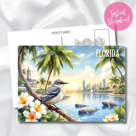 Digital download preview of Miami sunset scene featuring Art Deco architecture, graceful manatees, native mockingbird, and vibrant orange blossoms framed by swaying palm trees