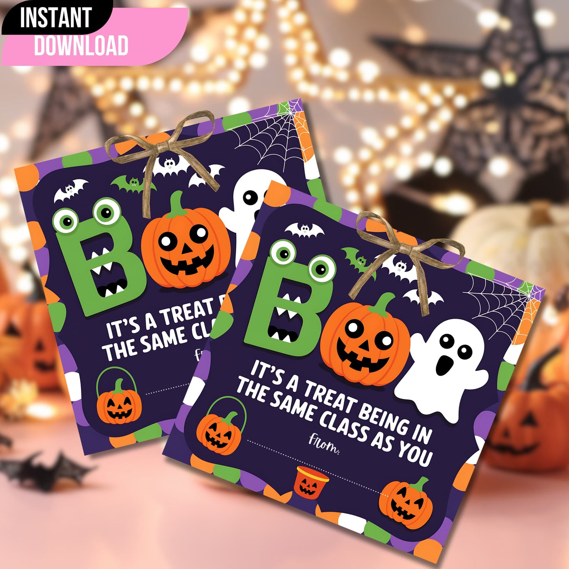 Purple Halloween gift tags featuring BOO characters with monster, pumpkin, and ghost, displayed against festive lights for classroom appreciation