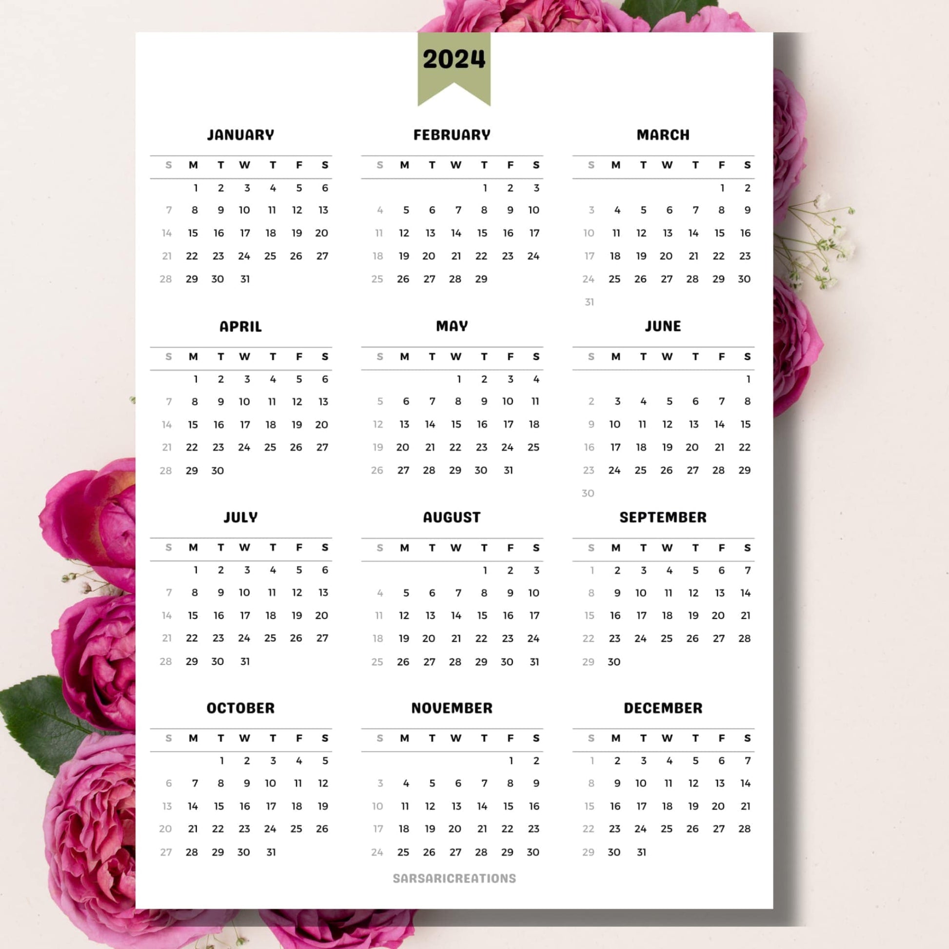 Minimalist 2024 calendar page on beige background with pink peonies.