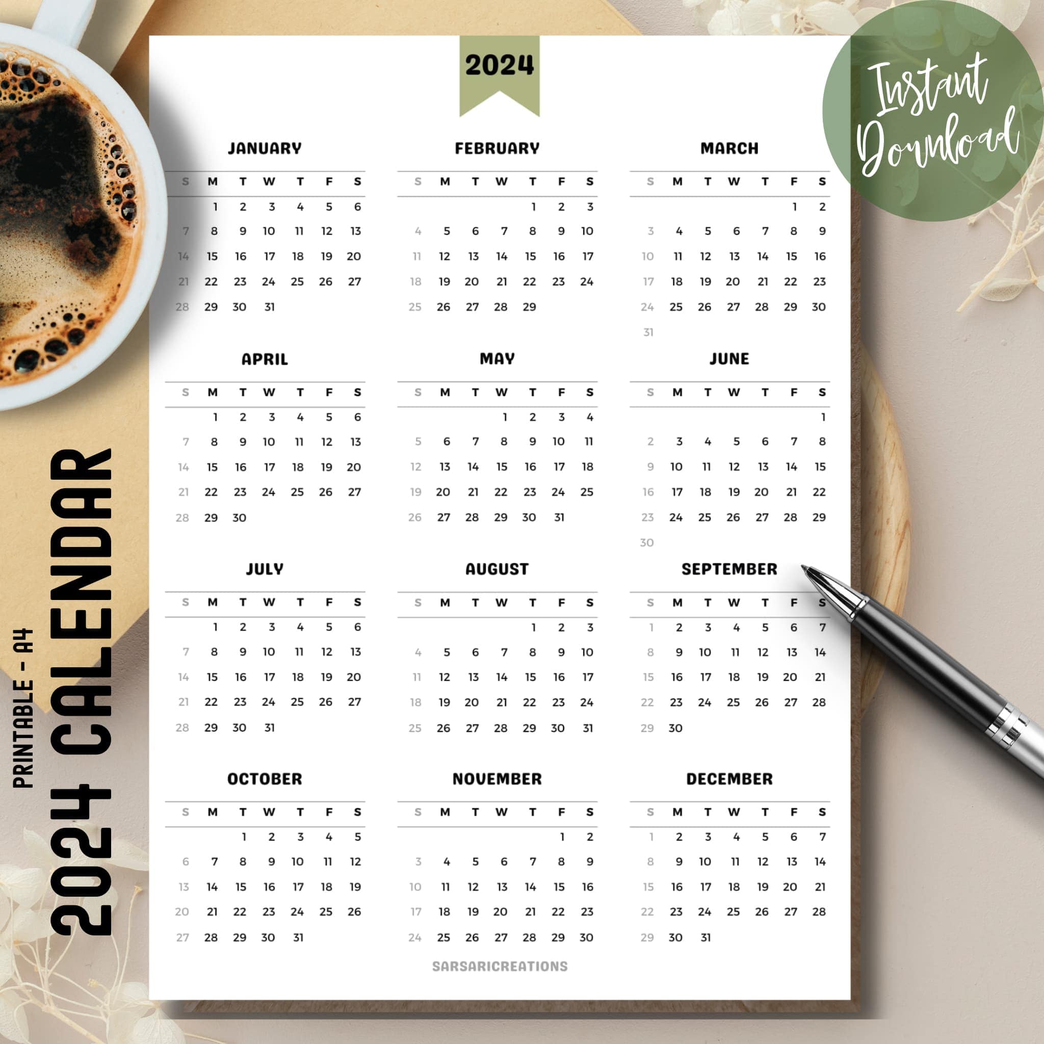 📅 Printable 2024 Calendar PDF | Minimalist A4 Design 🌿 – SarsariCreations