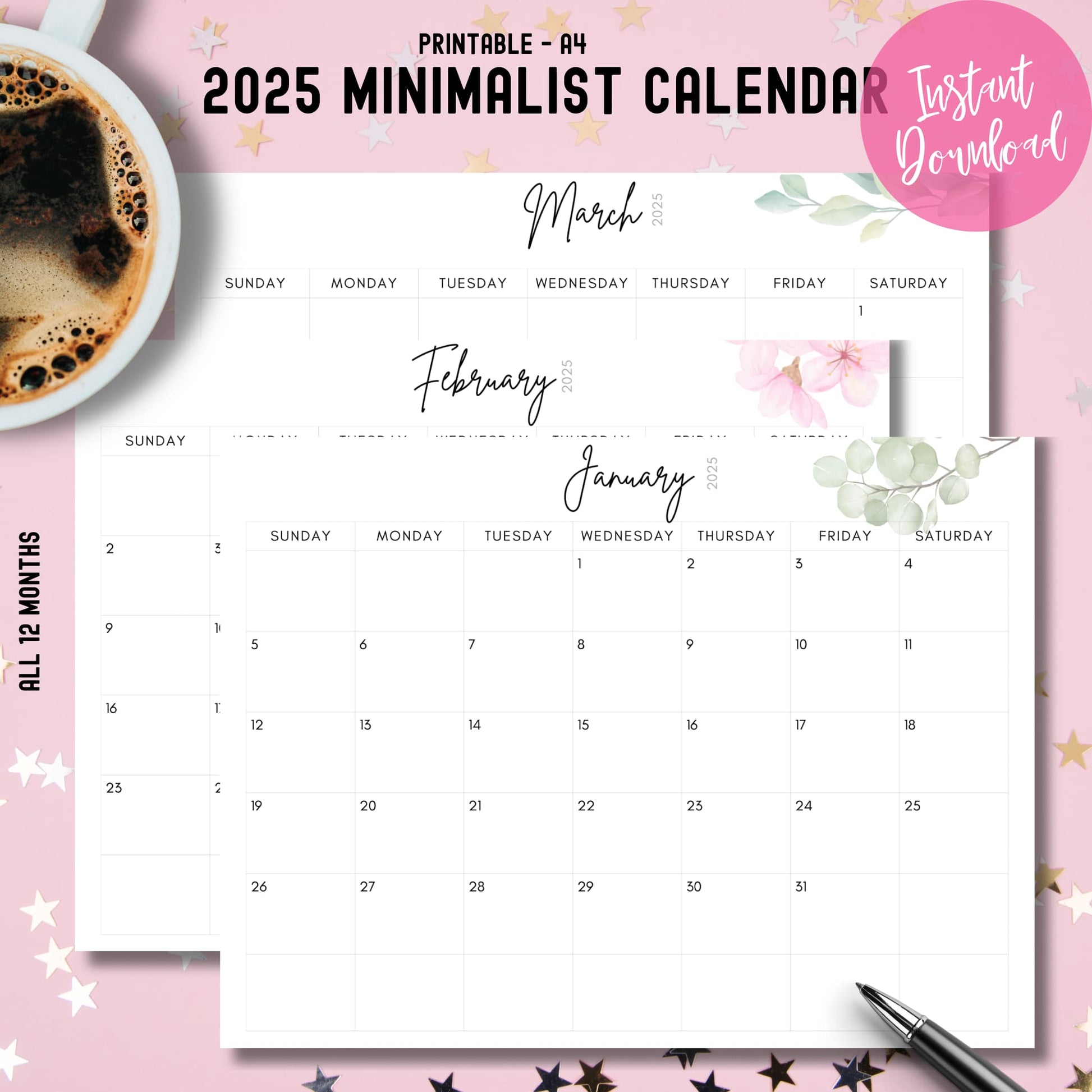 Preview of 2025 minimalist calendar showing January through March with clean typography, subtle cherry blossom and eucalyptus watercolor accents on pink background