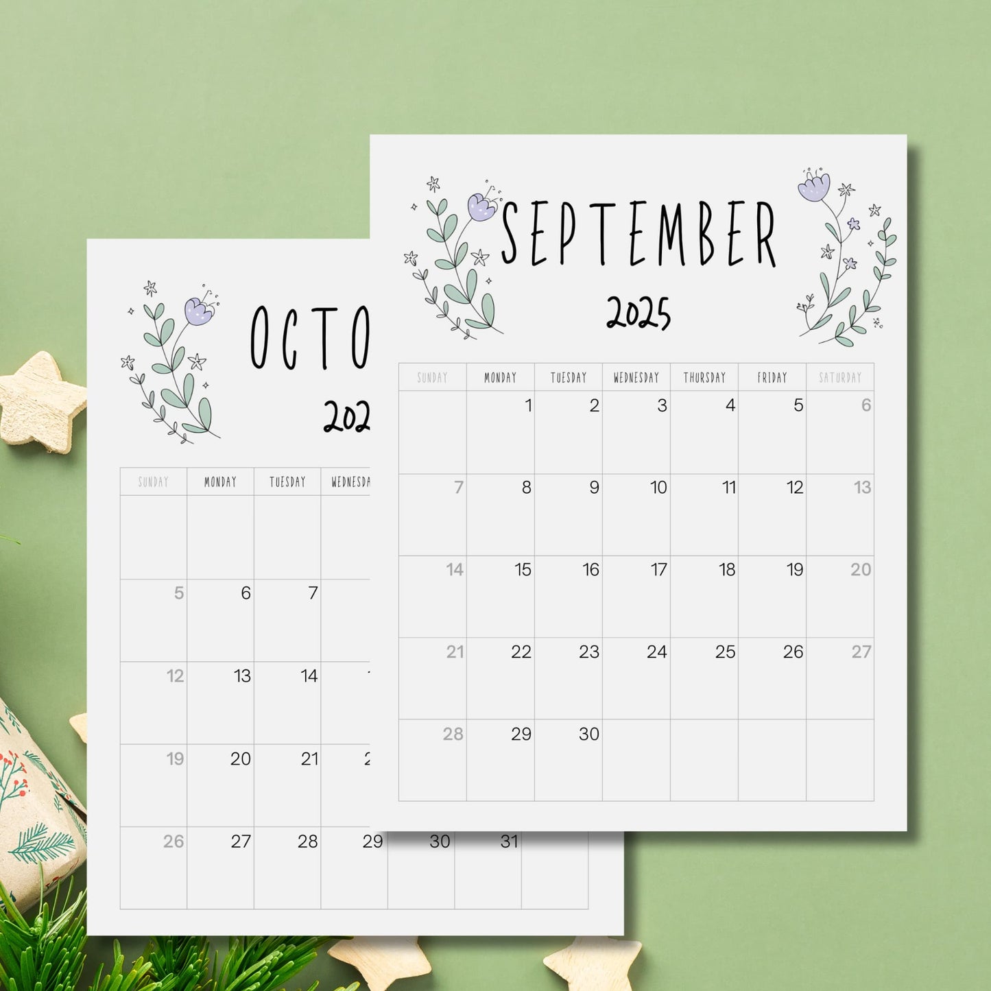 September and October 2025 calendar pages with delicate lilac flowers and mint leaves design, styled with wooden stars and greenery accents