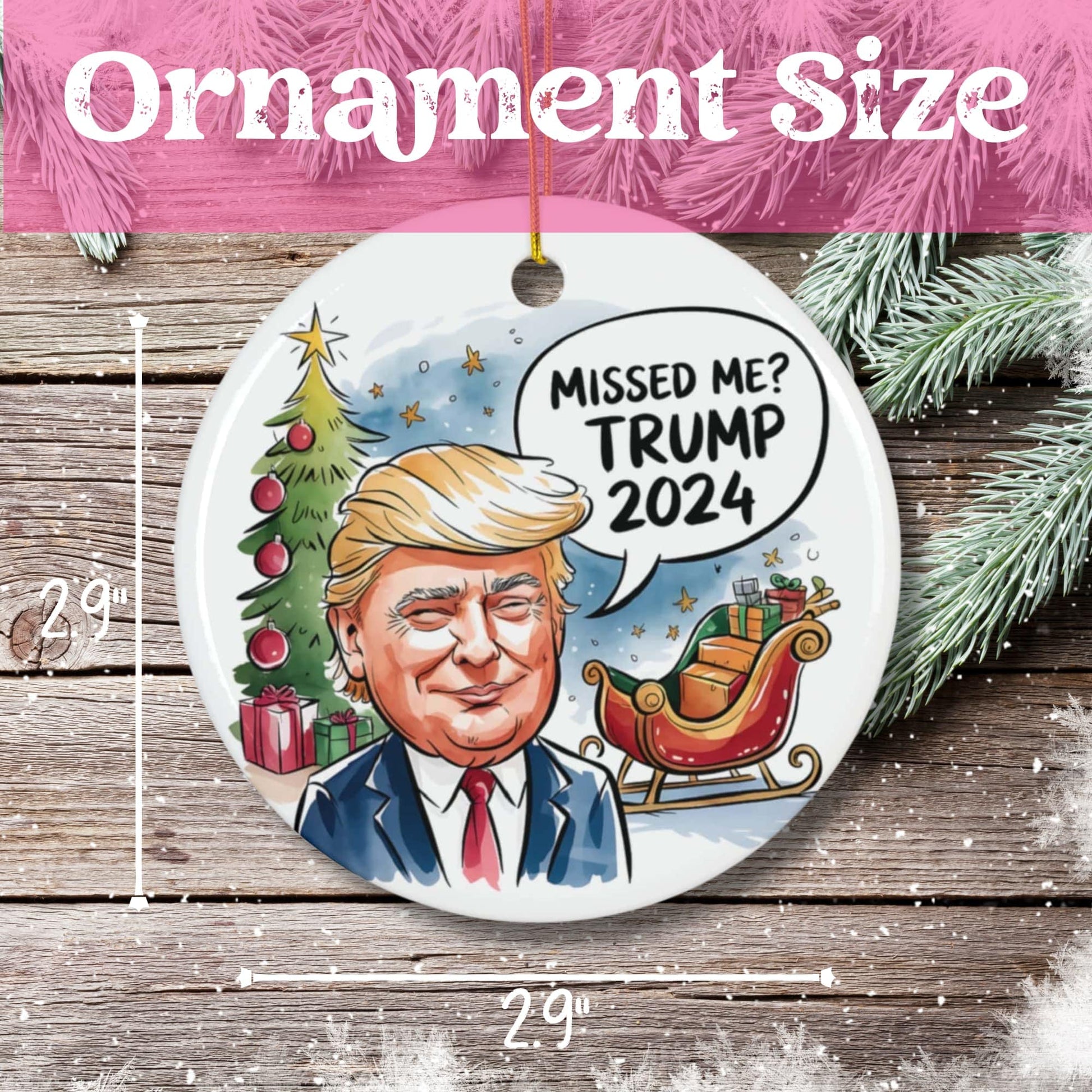 Product dimensions showing 2.9-inch diameter circle ornament. White ceramic finish with festive holiday design, displayed on wooden background with measurement indicators and pine branch decoration.