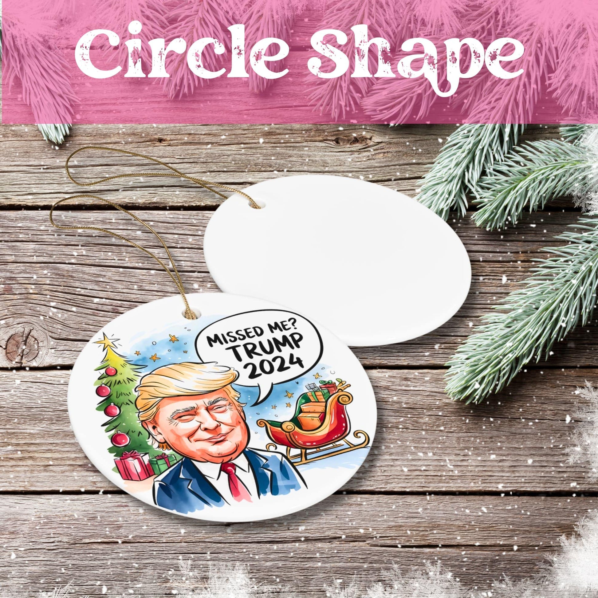 Circle shaped ceramic ornament with festive holiday design featuring speech bubble and Christmas tree. White porcelain finish with gold hanging string, displayed on rustic wooden background with pine accents.