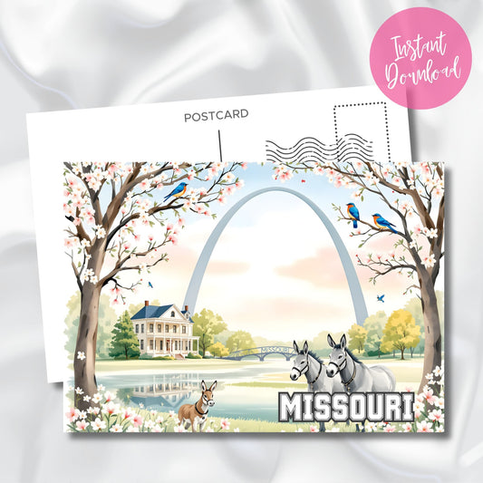 Missouri postcard art featuring gateway arch, magnolia blossoms, farmhouse, and two state mules near a reflective pond.
