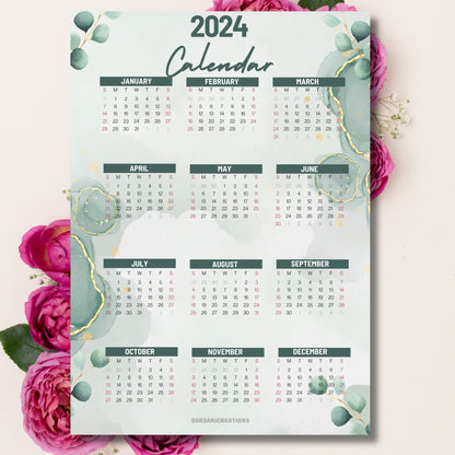 Modern aesthetic 2024 calendar on beige background with pink peonies.