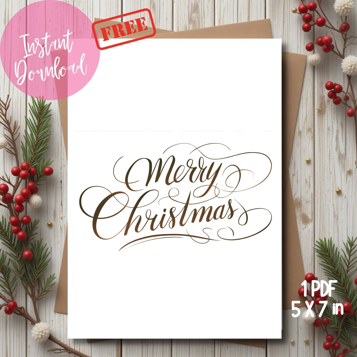 Free downloadable 5x7 Christmas card with brown flourished calligraphy design, kraft envelope, displayed with golden stars and holiday greenery, instant PDF download