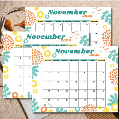 Stacked view of November calendars 2024-2026 with contemporary pastel design, featuring mint leaves and orange circular patterns on beige textured background.