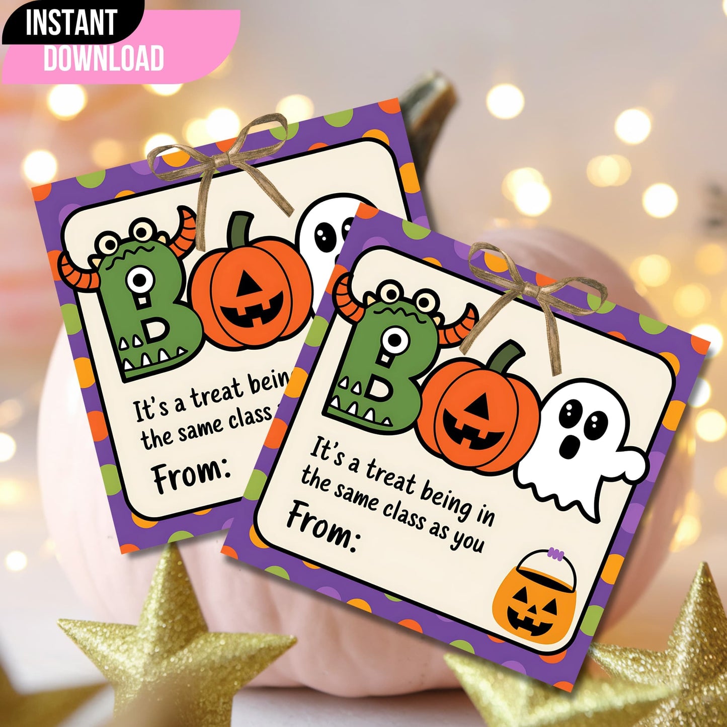 Colorful BOO Halloween favor tags with monster, pumpkin, and ghost characters, displayed with festive lights for classroom treats