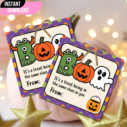 Colorful BOO Halloween favor tags with monster, pumpkin, and ghost characters, displayed with festive lights for classroom treats