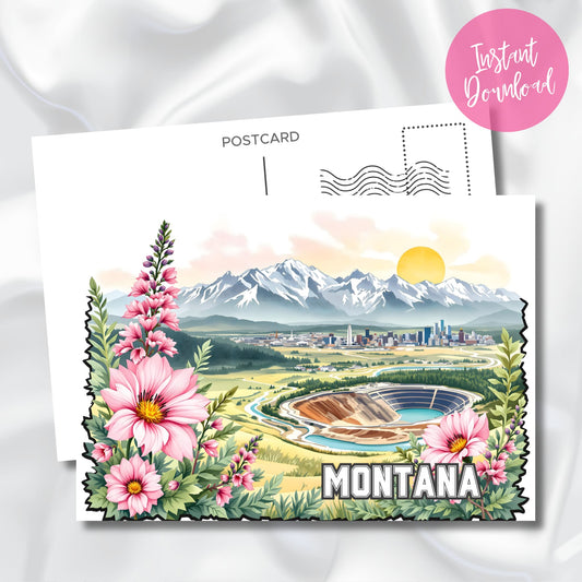 Montana digital desk art with towering mountain range, sun glowing over mining landscape, and blooming wildflowers.