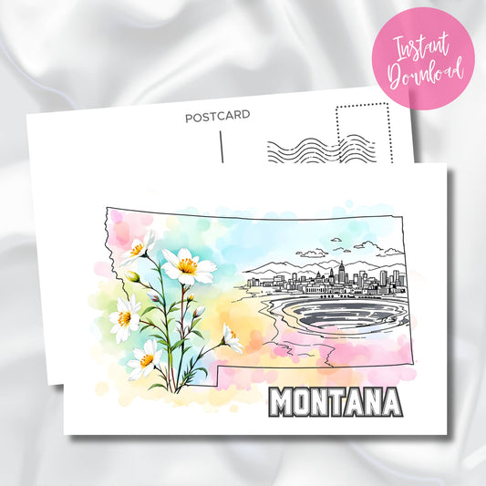 Montana state print with wildflower cluster and scenic skyline in a minimalist line art style, presented as an instant digital download with soft pastel background.