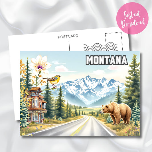 Montana printable postcard art featuring a grizzly bear and snowy mountains – instant download PDF on silk background.