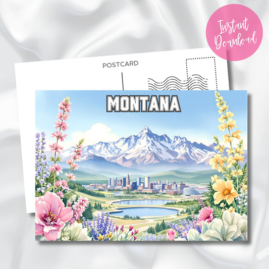 Montana skyline with vibrant wildflowers and dramatic spring mountain backdrop – downloadable PDF desk décor.