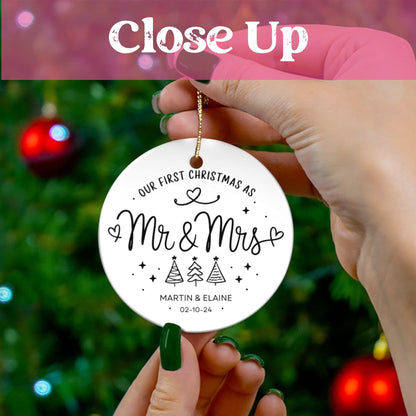 White Black Personalized 1st Christmas as Mr & Mrs Flat Circle Ceramic Ornament for Christmas 2024 (3mm) | Just Married Keepsake, Custom Names & Dated Ornament