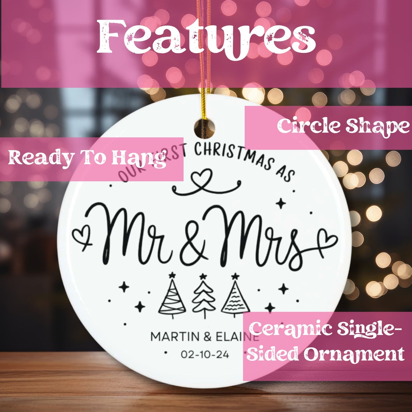 White Black Personalized 1st Christmas as Mr & Mrs Flat Circle Ceramic Ornament for Christmas 2024 (3mm) | Just Married Keepsake, Custom Names & Dated Ornament