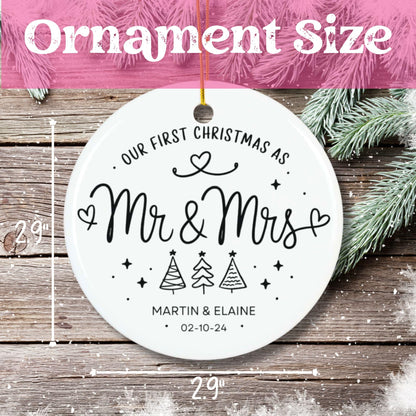 White Black Personalized 1st Christmas as Mr & Mrs Flat Circle Ceramic Ornament for Christmas 2024 (3mm) | Just Married Keepsake, Custom Names & Dated Ornament