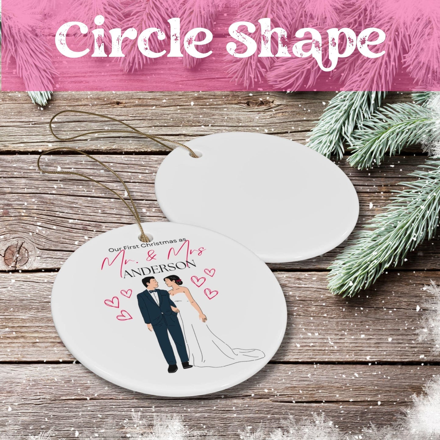 Black Pink First Christmas Married 2024 Flat Circle Ceramic Ornament for Christmas (3mm) | Housewarming Mr and Mrs Gift Idea