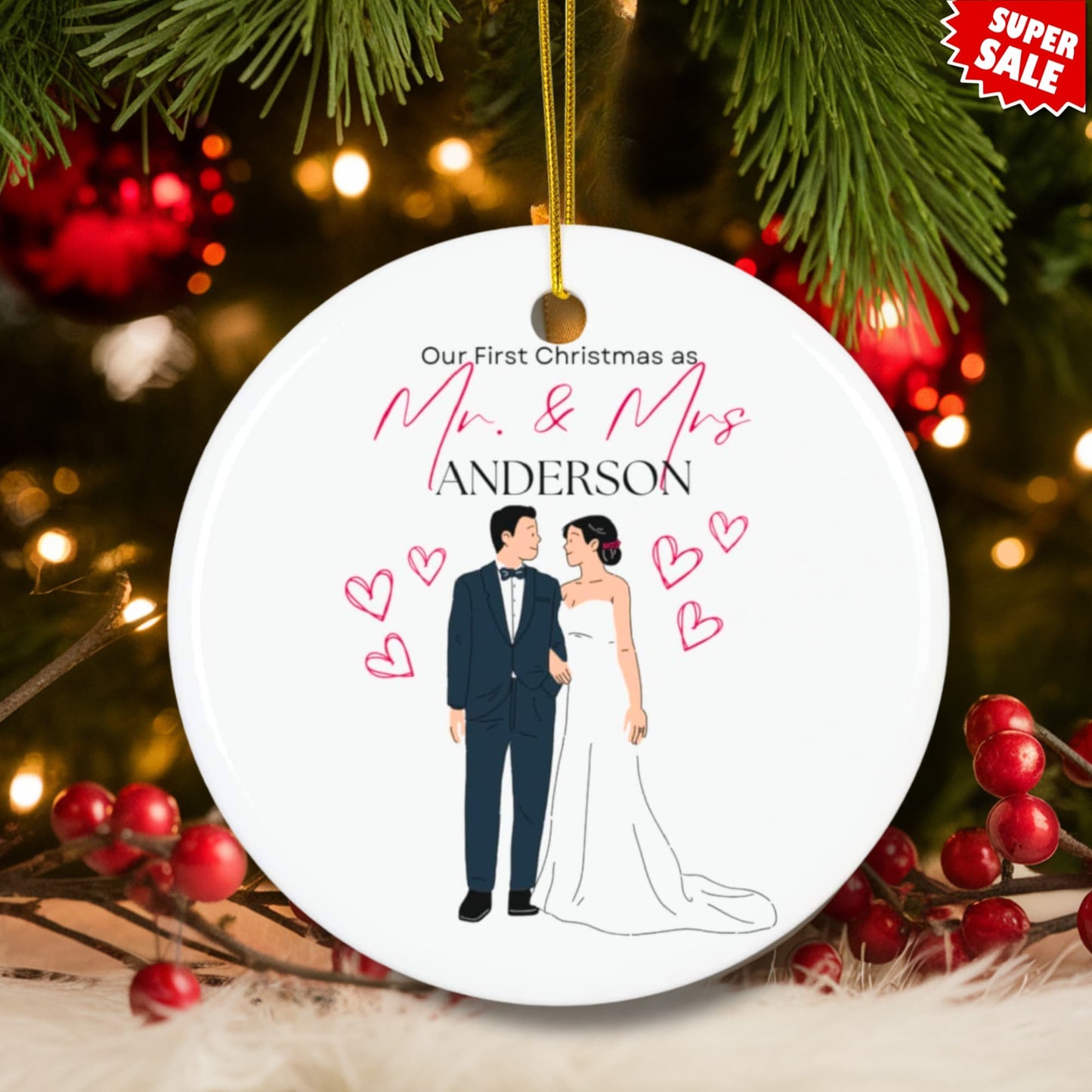 Black Pink First Christmas Married 2024 Flat Circle Ceramic Ornament for Christmas (3mm) | Housewarming Mr and Mrs Gift Idea