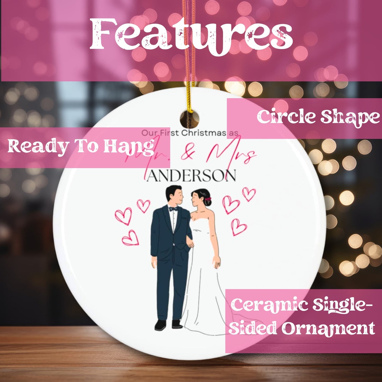 Black Pink First Christmas Married 2024 Flat Circle Ceramic Ornament for Christmas (3mm) | Housewarming Mr and Mrs Gift Idea